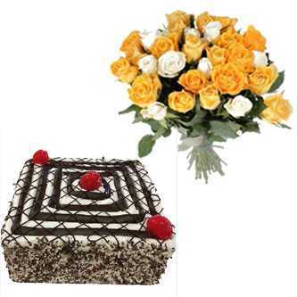 Square Black Forest Cake With 20 Yellow And White Roses